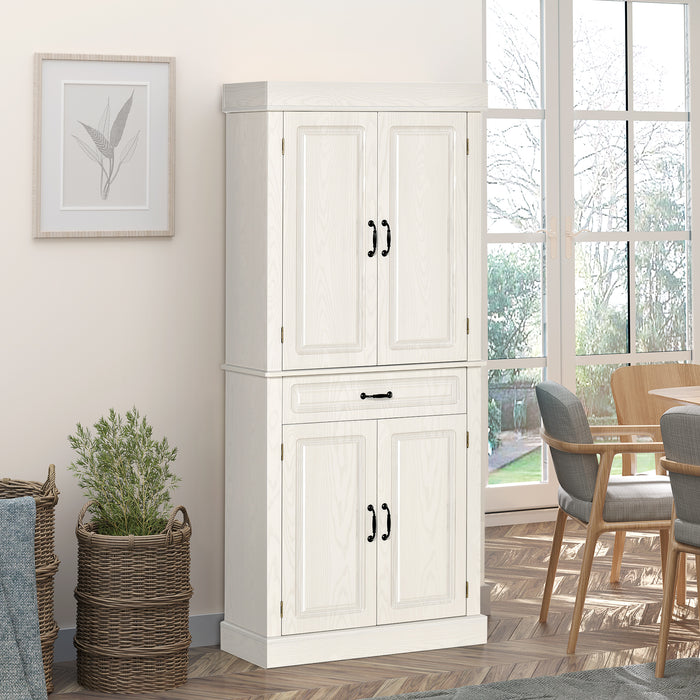 Freestanding 4-Door Kitchen Cupboard - Wide Drawer & Shelving Storage Cabinet, 180cm in White Wood Grain - Ideal for Organizing Living Room Clutter