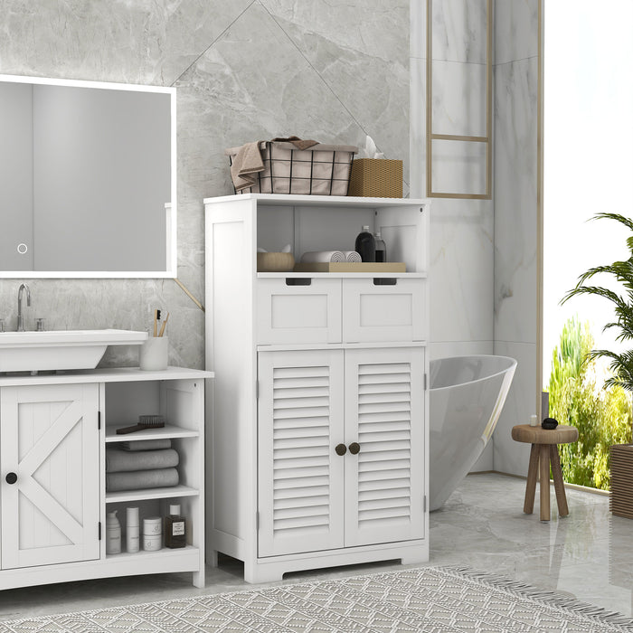 Bathroom Floor Cabinet with Stylish Louvred Doors - Ample Storage with Drawers and Open Shelf - Space-Saving Organizer for Linens and Toiletries