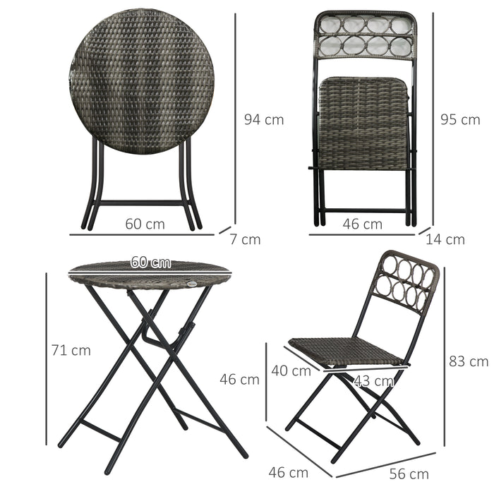3 PCS Wicker Bistro Set - Hand Woven, Easy Folding Rattan Furniture with Coffee Table and Chairs - Perfect for Outdoor, Lawn, Pool, Balcony & Garden Use, Grey