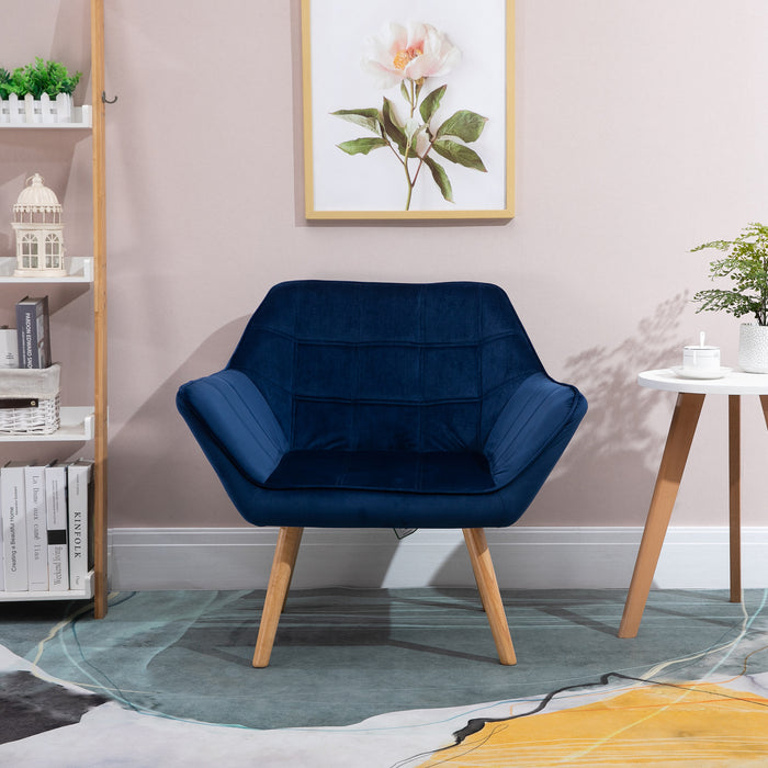 Wide-Armed Accent Armchair with Slanted Back - Padded Lounge Seat on Iron Frame with Wooden Legs - Comfy Bedroom or Living Room Seating in Blue