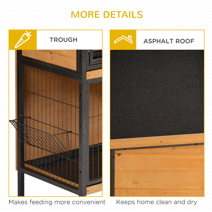 Wooden Rabbit Hutch with Metal Frame - 2-Floor Bunny Cage, Slide-Out Tray, Feeding Trough, Ramp, Lockable Door, Openable Roof - Ideal for Small Pet Housing and Care