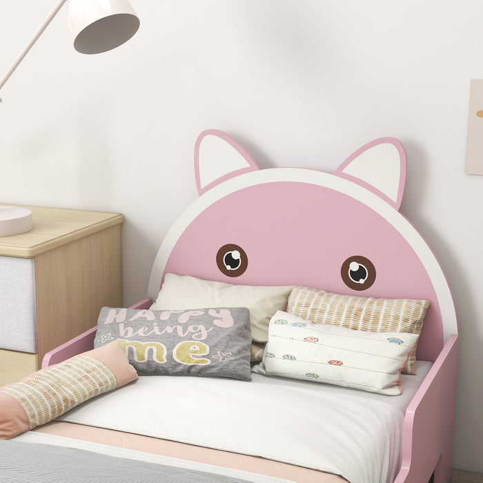 Kids Cat Design Toddler Bed - Sturdy Bedroom Furniture with Guardrails, 143cm Length, Fits 3-6 Year Olds - Adorable Pink Cat Themed Bed for Children