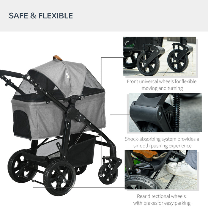 2-in-1 No-Zip Pet Stroller & Carrier - Detachable Bag, Shock-Absorbing Travel Trolley with Adjustable Handlebar and Safety Brake - Ideal for Pet Owners, Comfortable and Secure Transportation