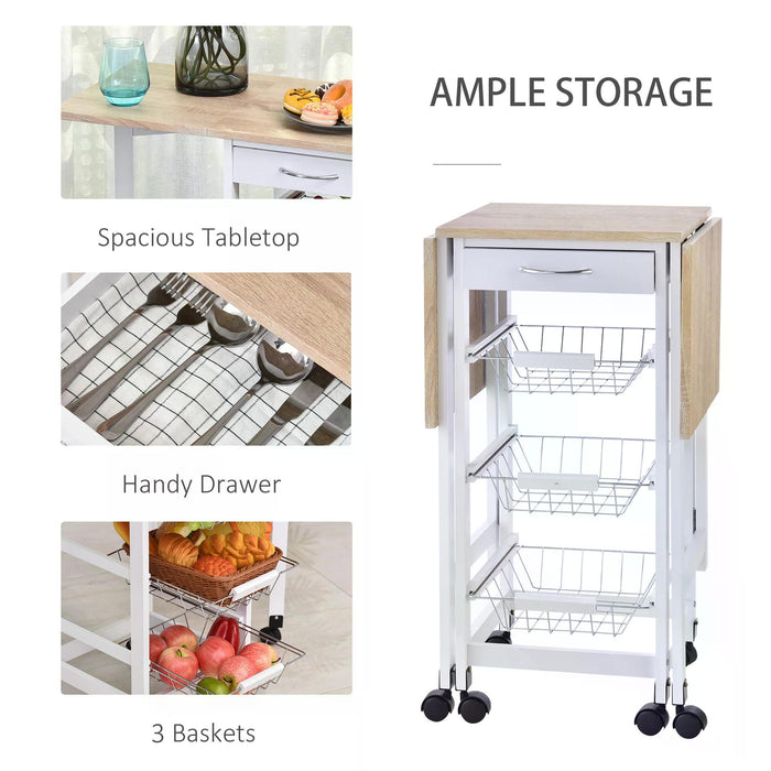 3-Tier Rolling Kitchen Trolley with Drop-Leaf Extension - White Oak Tone Cart with Baskets, Drawer, and 6 Wheels for Storage Organization - Mobile Dining Solution for Home Cooks and Small Spaces