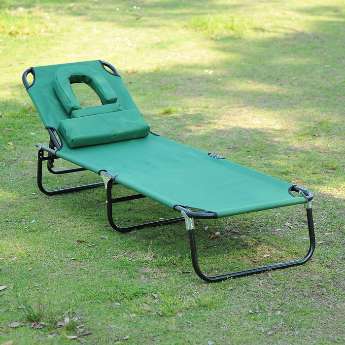 Foldable Sun Lounger with Adjustable Backrest - Comfortable Reclining Chair with Pillow & Reading Hole for Outdoors - Ideal for Garden, Beach Relaxation in Dark Green
