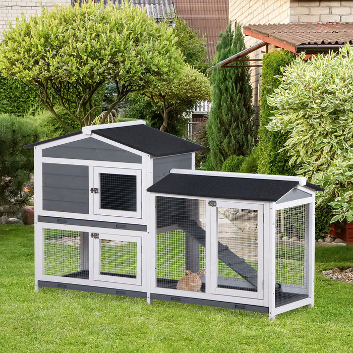 2-Tier Wooden Rabbit Hutch with Ramp - Grey, Pull-Out Tray for Easy Cleaning - Ideal Outdoor Shelter for Pet Rabbits