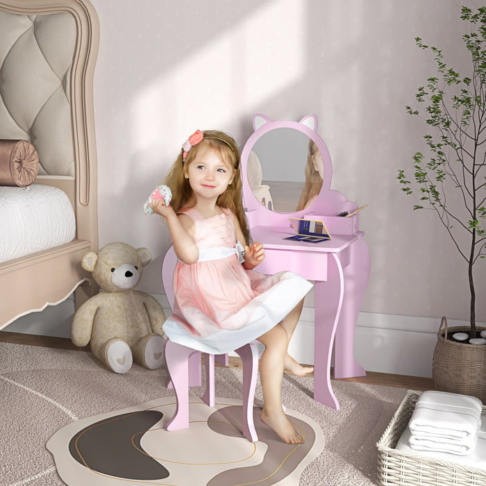 Kids Vanity Table & Stool Set - Cat-Themed Design with Mirror, Drawer, & Storage Boxes - Perfect for Children Aged 3-6 Years, Pink