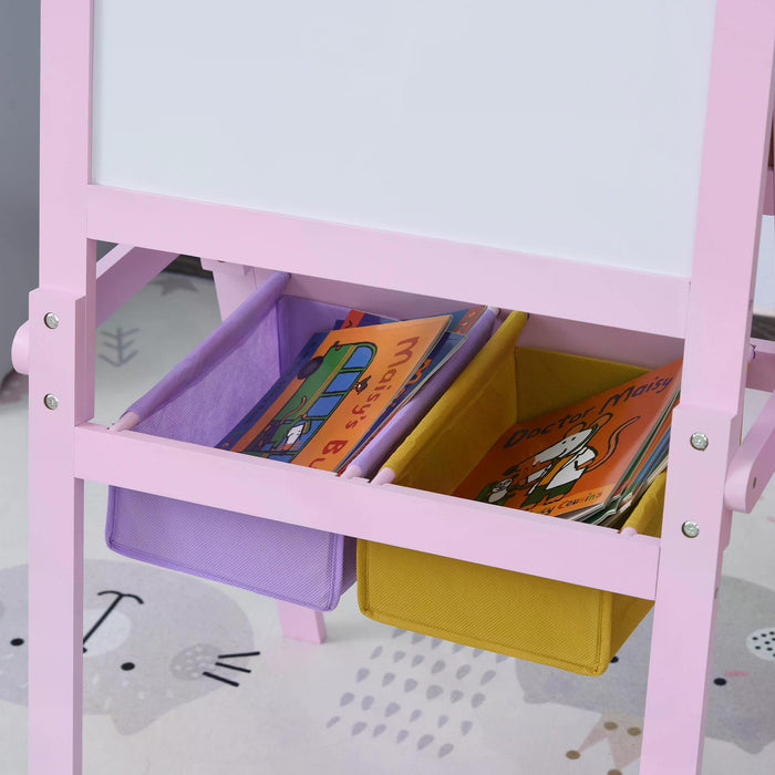 3-in-1 Kids Wooden Art Easel with Paper Roll - Double-Sided Chalkboard & Whiteboard, Storage Baskets - Creative Learning Tool for Toddler Girls 3 Years+ in Pink