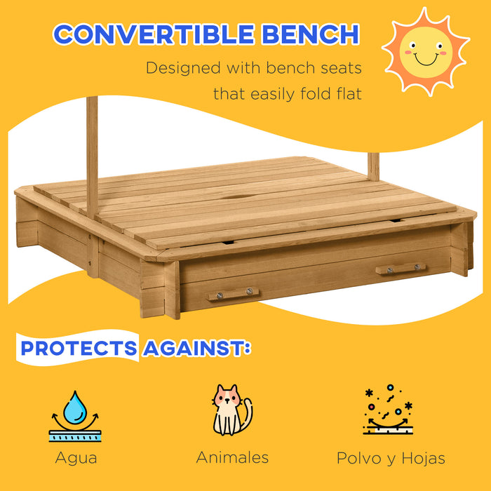 Wooden Sandpit with Canopy - Outdoor Play Sandbox with Adjustable Sunshade, Light Brown - Ideal for Kids' Creative Play and Backyard Fun