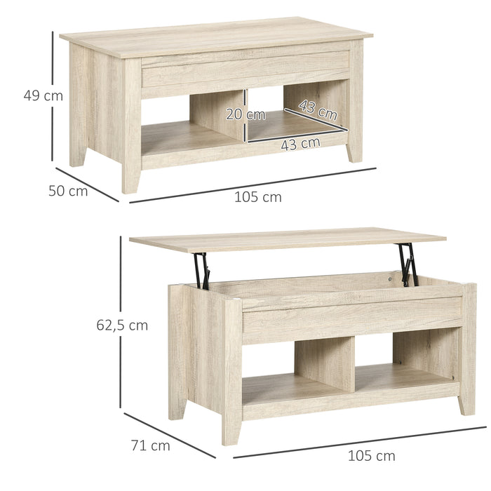 Lift-Top Oak Coffee Table - Hidden Storage, Pop-Up Tabletop, and Open Shelving - Versatile Living Room Centerpiece