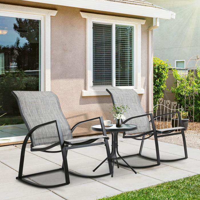 3-Piece Patio Bistro Set - Rocking Chairs with Tempered Glass Table for Outdoor Use - Ideal for Garden, Porch, Poolside Comfort in Grey