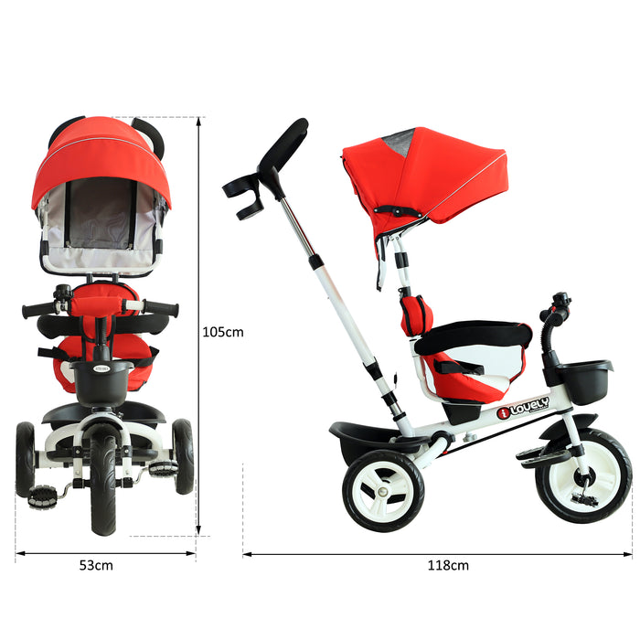 4-in-1 Convertible Child's Tricycle with Stroller Capabilities and Sun Canopy - Red - Perfect for Outdoor Family Adventures and Growing Toddlers