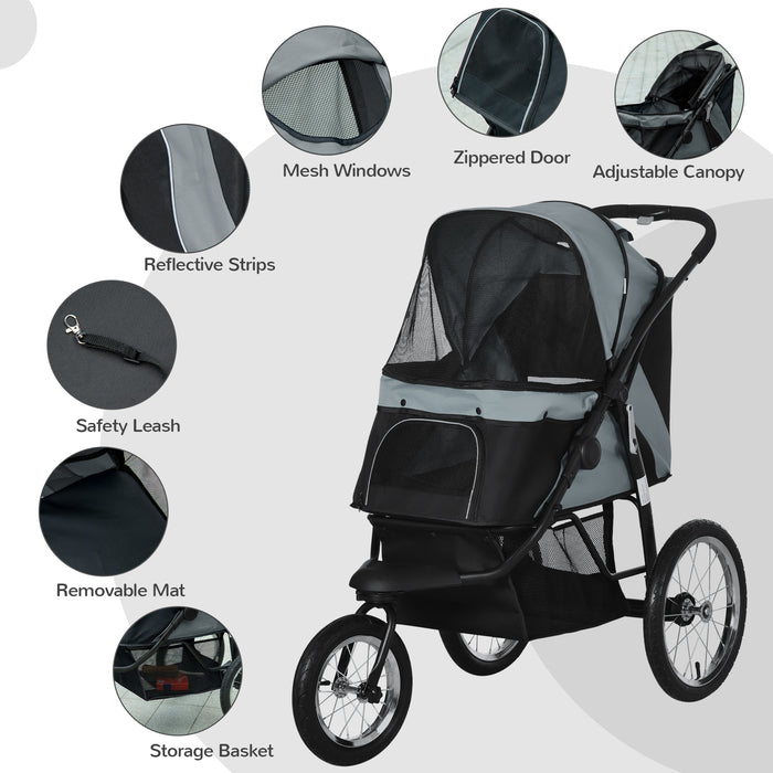 Foldable Pet Jogger Stroller - Medium & Small Dog Stroller with Adjustable Canopy and 3 Large Wheels, Grey - Convenient Cat Pram for Outdoor Activities