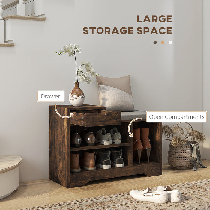 Modern Upholstered Entryway Bench with Shoe Storage - Shoe Bench with Drawer and 3 Open Shelves - Ideal for Hallway Organization and Seating