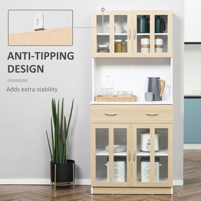 Kitchen Storage Organizer Hutch - Freestanding Cabinet with Central Drawer, Glass Doors & Countertop - Space-Saving Solution for Modern Kitchens, 180cm Tall