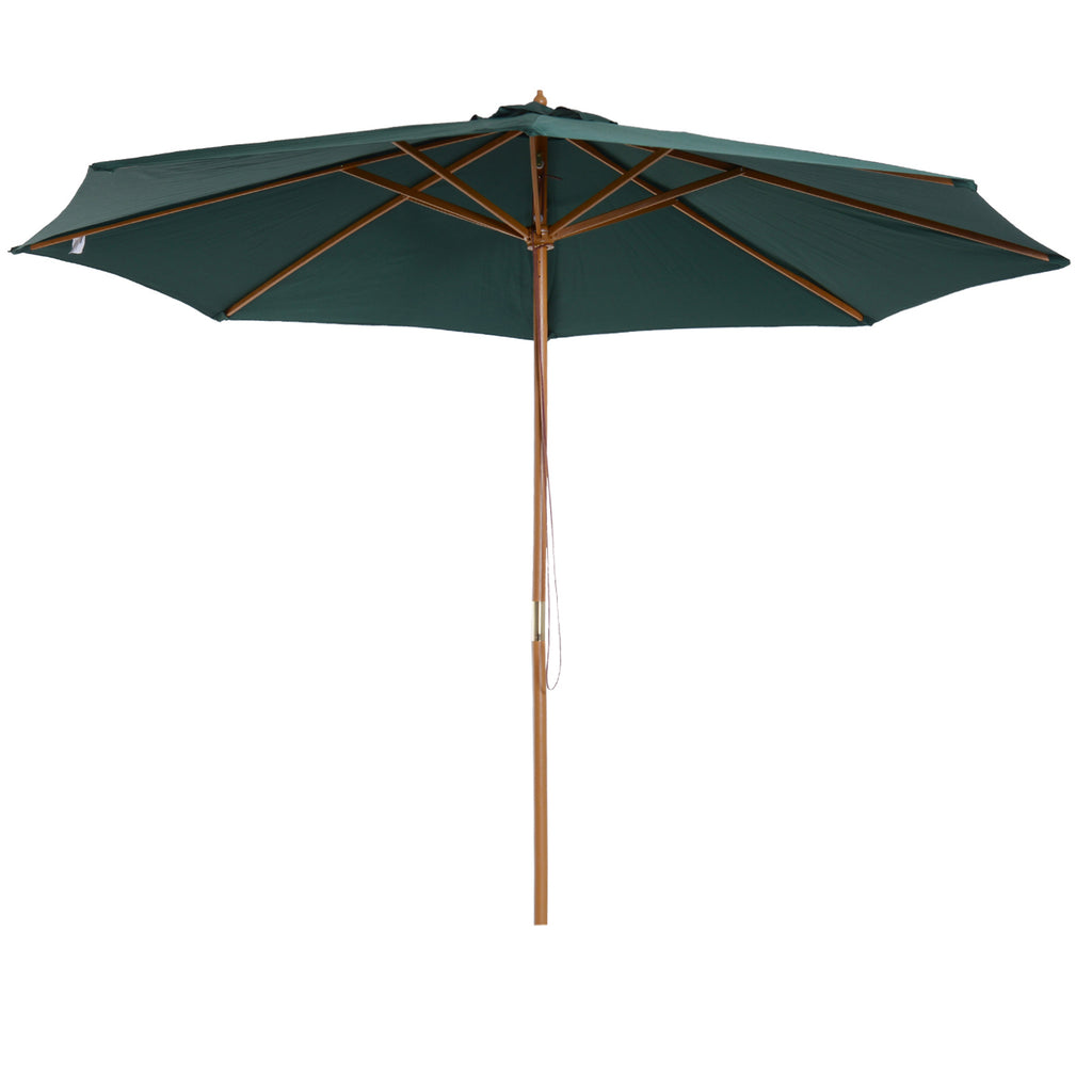 Wooden Patio Umbrella 3m - Pulley-Operated Garden Parasol with 8 Ribs in Dark Green - Ideal for Outdoor Shade and Relaxation