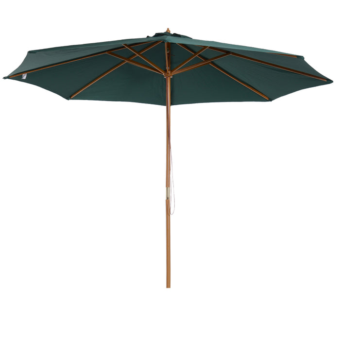 Wooden Patio Umbrella 3m - Pulley-Operated Garden Parasol with 8 Ribs in Dark Green - Ideal for Outdoor Shade and Relaxation
