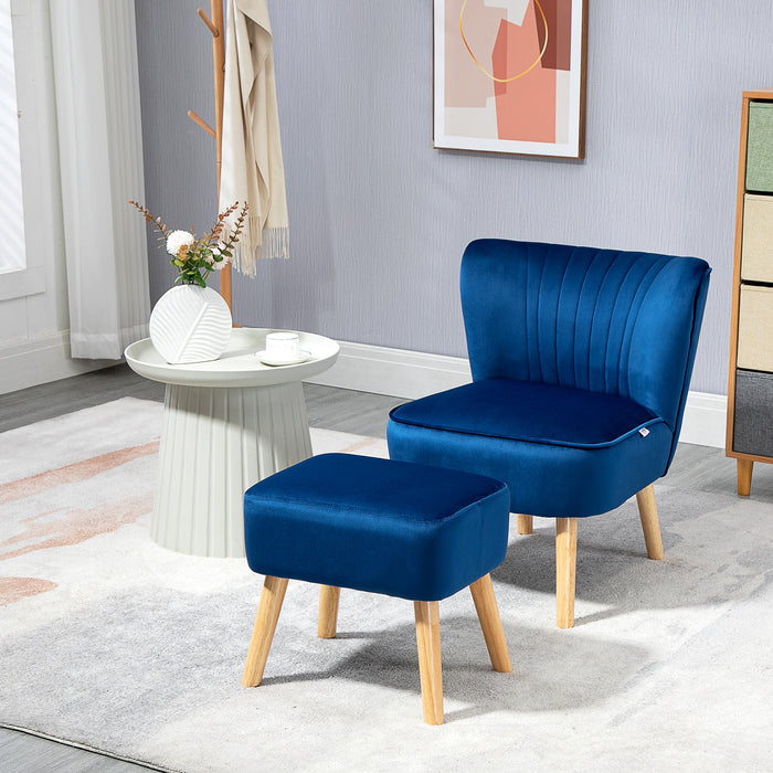 Velvet Tub Chair with Matching Ottoman - Plush Curved Back Accent Seat with Padded Cushioning and Sturdy Wooden Legs - Elegant Home Seating for Living Room or Lounge Space, Dark Blue
