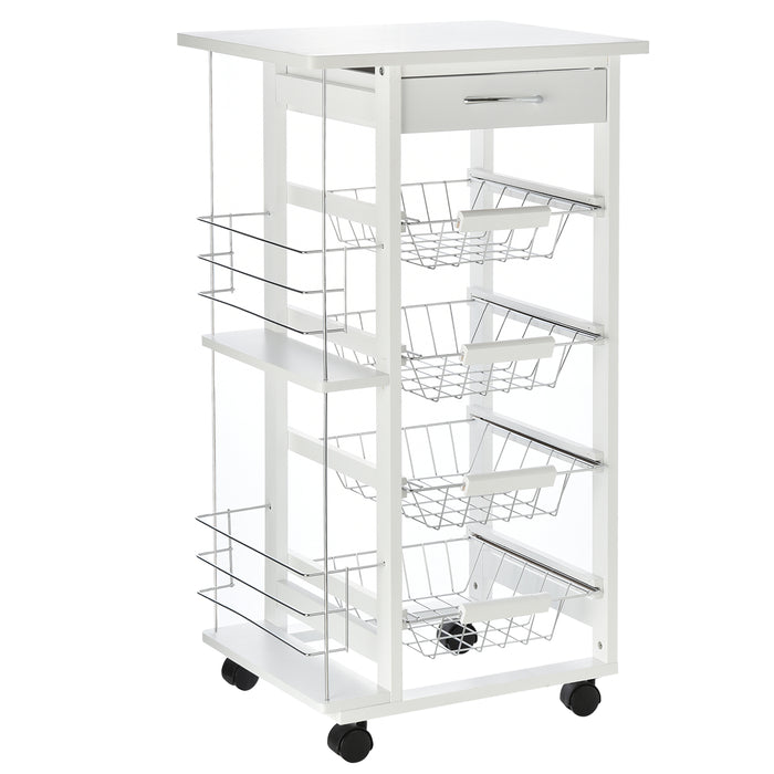 Kitchen Trolley Cart with Storage - Multi-Use Island with 4 Baskets, 2 Side Racks, and Drawer - Smooth-Rolling Wheels, Compact Design for Home Organization and Food Prep