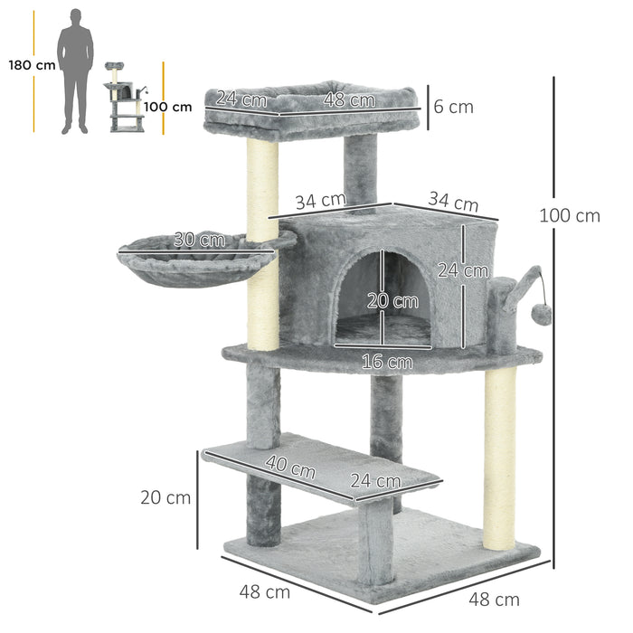 Sisal Cat Tree Tower 100cm - Sturdy Scratching Post with Plush Grey Finish - Ideal for Cat Climbing and Play