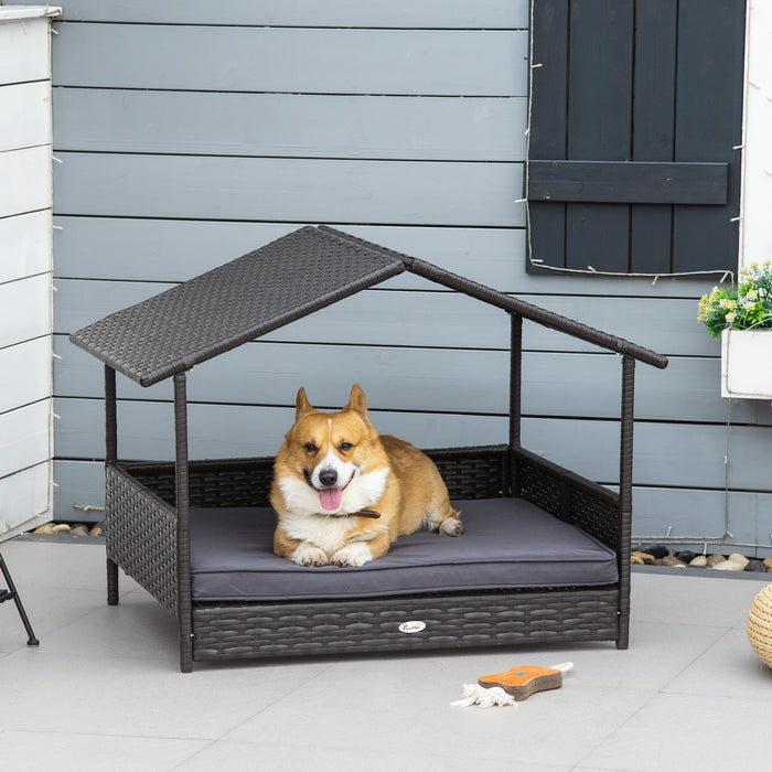 Elevated Rattan Canine Abode - Wicker Pet Bed Lounge with Cushion & Sunshade for Pets - Ideal for Small to Medium Dogs, Comfort & Outdoor Protection