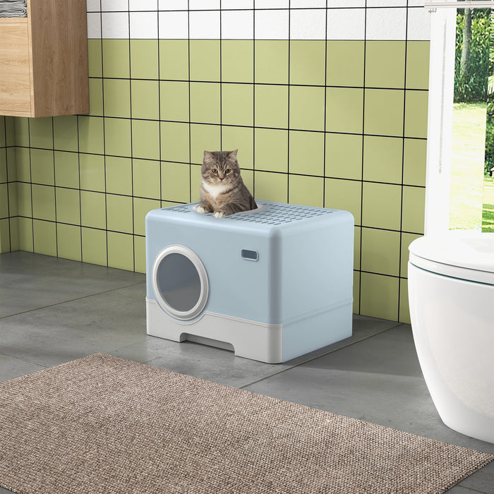 Enclosed Cat Litter Box with Lid - Front Entry, Top Exit Design & Drawer Tray, Includes Scoop - Ideal for Pet Privacy & Easy Cleaning, 52 x 41 x 38.5 cm, Blue