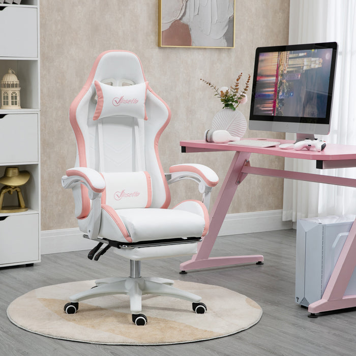 Racing Gaming Chair - Reclining PU Leather Desk Chair with Swivel, Footrest & Removable Headrest - Ergonomic Design for Gamers, White & Pink