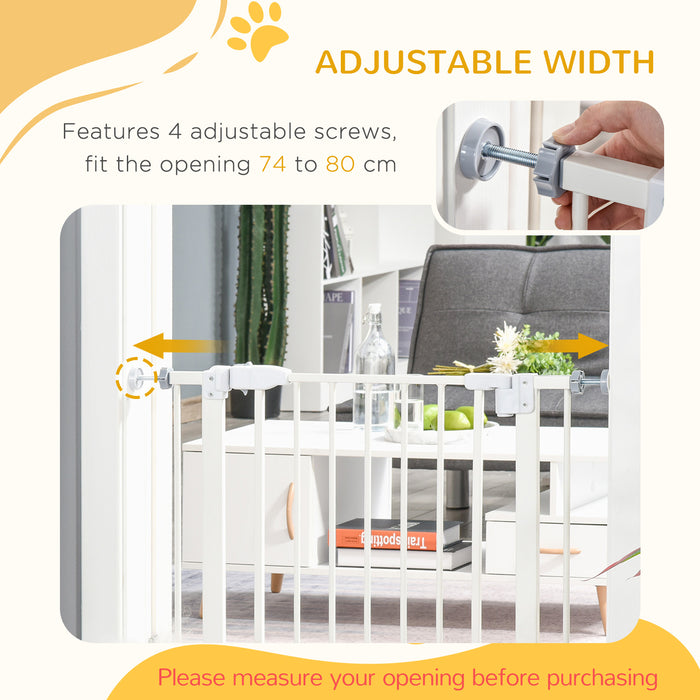 Expandable Pet Metal Safety Gate - Pressure Mounted Stair Barrier with Auto-Close Door and Double Locking System, 74-84 cm - Ideal for Dogs, Home & Child Safety, White