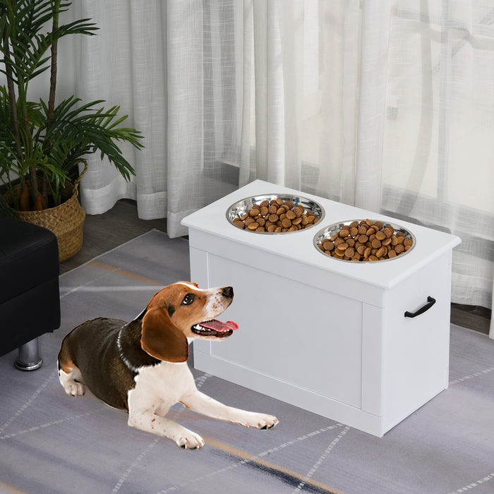 Elevated Dog Feeding Station with Storage - Includes 2 Stainless Steel Bowls, Ideal for Large Pets, White Finish - Convenient Mealtime Solution for Large Dogs