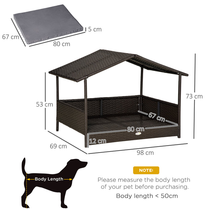 Wicker Dog House with Canopy - Rattan Pet Bed, Grey, Soft Cushion, Anti-slip Pads, 98x69x73cm - Ideal for Cats and Dogs, Comfort Shelter