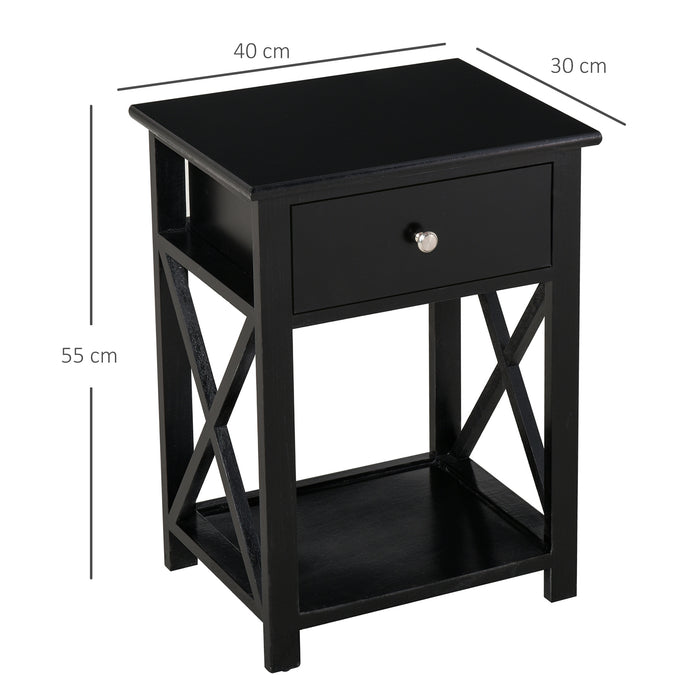 Vintage-Style End Table with Storage - Single Drawer & X-Bar Shelf for Organization - Ideal for Living Rooms and Bedrooms, 40x30x55 cm - Classic Black Finish