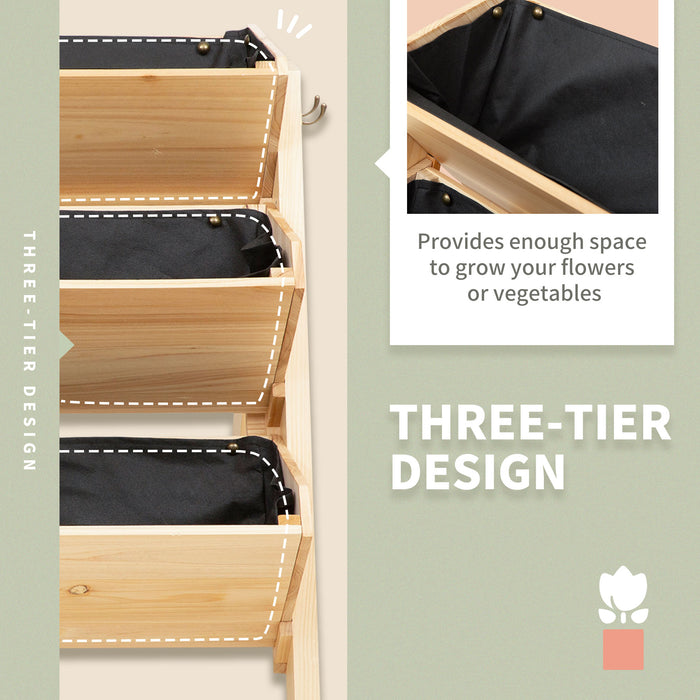 3 Tier Wooden Garden Planter - Raised Vertical Plant Bed with Clapboard and Hooks, 120cm x 68cm x 80cm - Ideal for Small Space Gardening