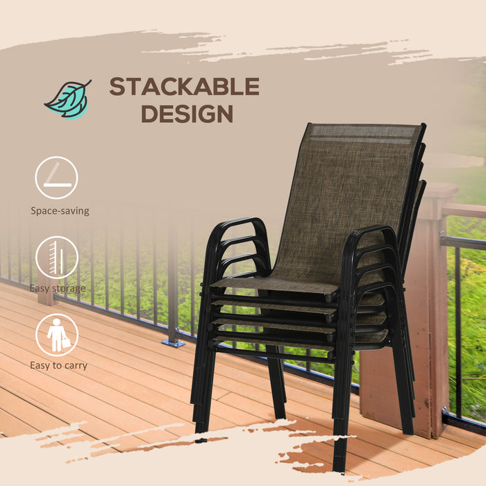 Outdoor Garden Dining Chair Set - 4 Piece Stackable High Backrest with Armrests & Breathable Mesh Fabric in Mixed Brown - Comfortable Patio Seating for Dining & Relaxation