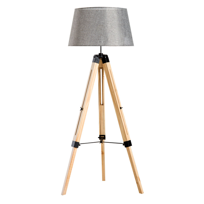 Adjustable Wooden Tripod Floor Lamp - Modern Design with E27 Bulb Compatibility, Grey Shade - Ideal for Contemporary Home Illumination