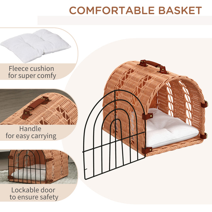 Wicker Cat Carrier Basket with Soft Cushion - Portable Kitten Bed and Pet Cave House, 37x28x29 cm in Orange - Ideal for Comfortable and Cozy Pet Travel & Napping