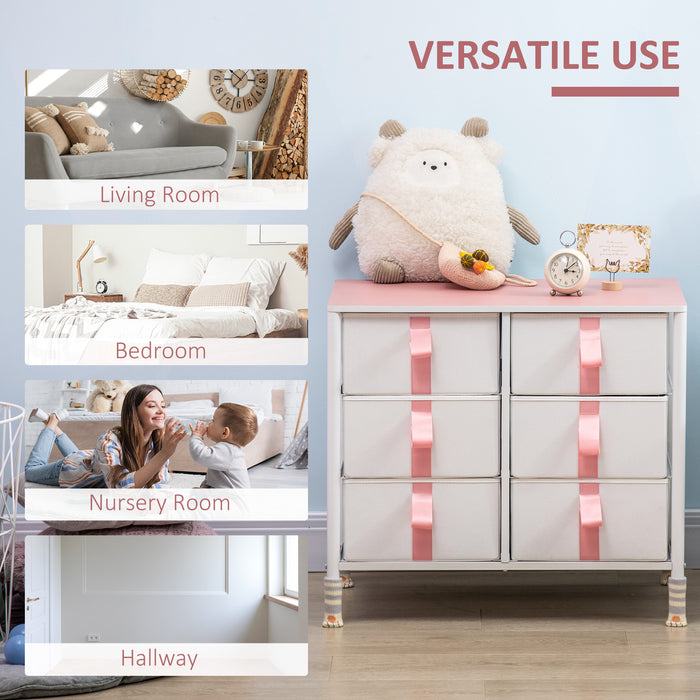 6-Fabric Drawer Dresser - Sturdy Metal Frame and Wooden Top Chest of Drawers - Space-Saving Cloth Organizer for Kids Room, Living Room in Pink