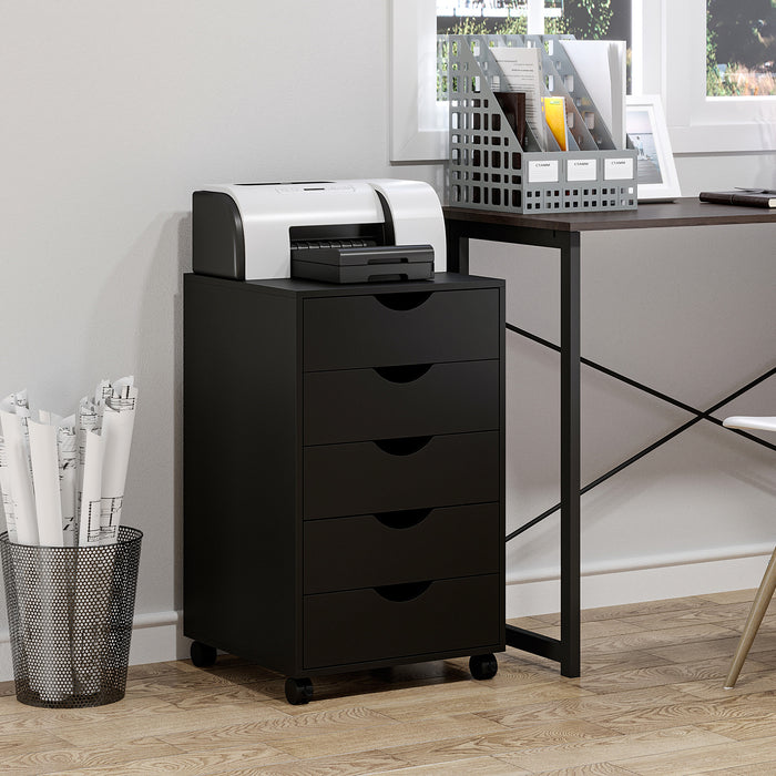 Mobile Vertical File Cabinet with 5 Drawers - Modern Rolling Filing Unit & Printer Stand for Home Office - Black Storage Organizer for Documents