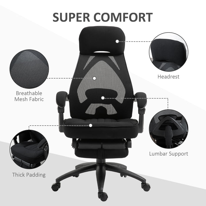 Ergonomic Mesh Office Chair with Extendable Footrest - High-Back Recliner with Adjustable Height and Headrest, in Black - Ideal for Home Office and Lunch Break Relaxation