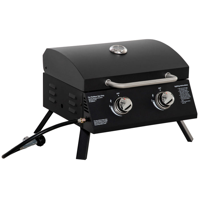 Portable 2-Burner Gas Grill with Folding Legs - Outdoor Tabletop BBQ, Built-in Thermometer, Durable Carbon Steel Construction - Perfect for Patio, Camping & Tailgating