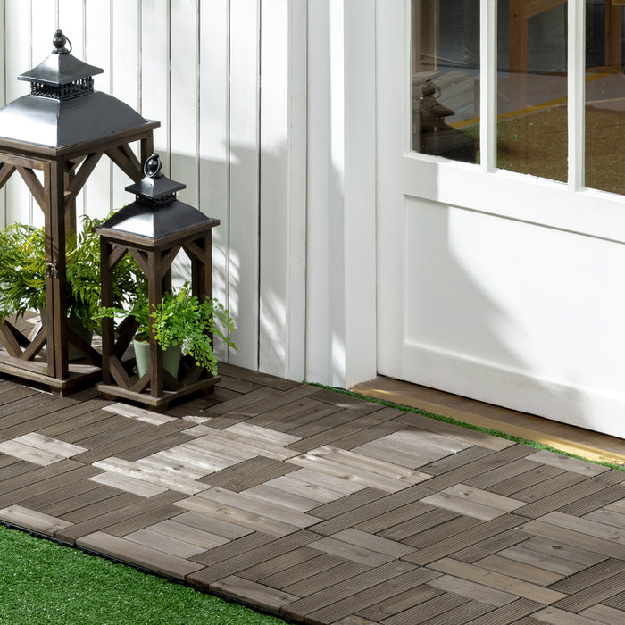 27-Piece Wooden Interlocking Deck Tiles - 30 x 30 cm Weather-Resistant Outdoor Patio & Balcony Flooring, 2.5㎡ Coverage, Charcoal Grey - Ideal for Terrace & Hot Tub Surroundings