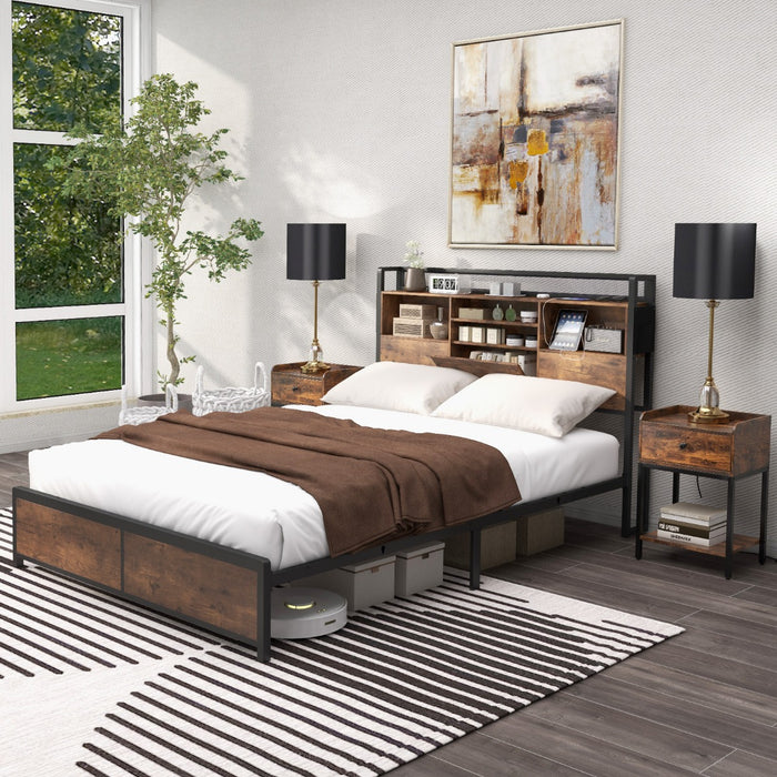 Queen - Platform Bed with Bookcase Headboard and Built-In Charging Station - Ideal for Readers and Tech Savvy Individuals