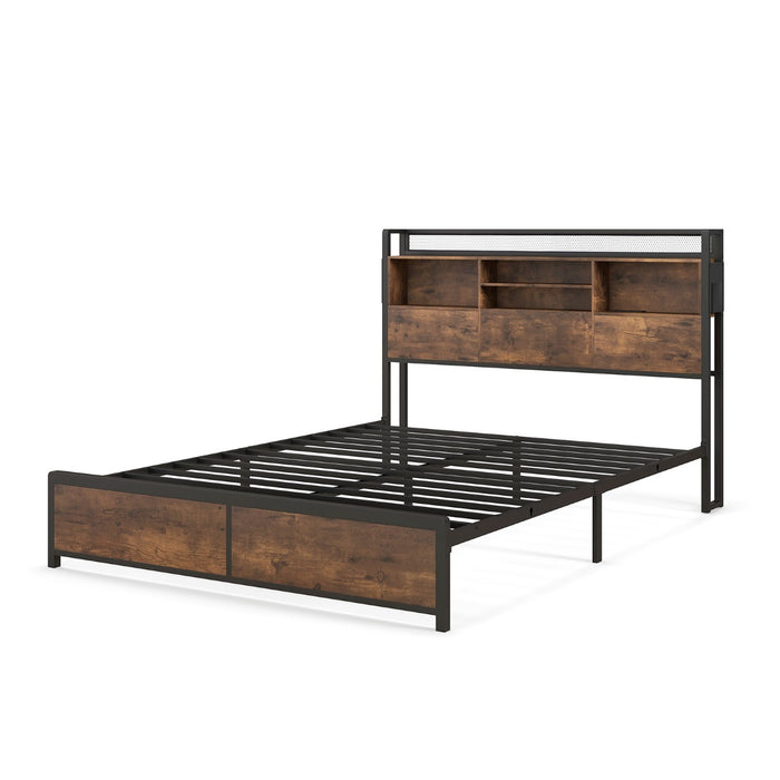 Queen - Platform Bed with Bookcase Headboard and Built-In Charging Station - Ideal for Readers and Tech Savvy Individuals