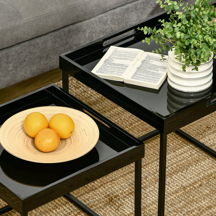 Contemporary Nesting Coffee Tables, Set of 2 - Square High Gloss Top with Sturdy Steel Frame - Space-Saving Design for Modern Living Rooms