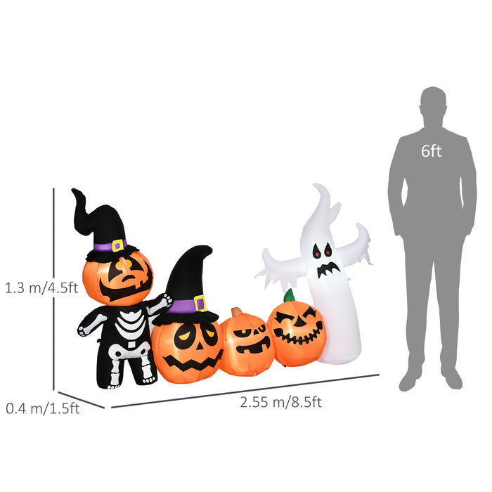 8.5ft Inflatable Halloween Decoration with Skeleton, Pumpkin Ghost & White Ghost - LED-Lit Blow-Up Outdoor Display with Three Pumpkins - Fast Next Day Delivery for Last-Minute Festive Decor