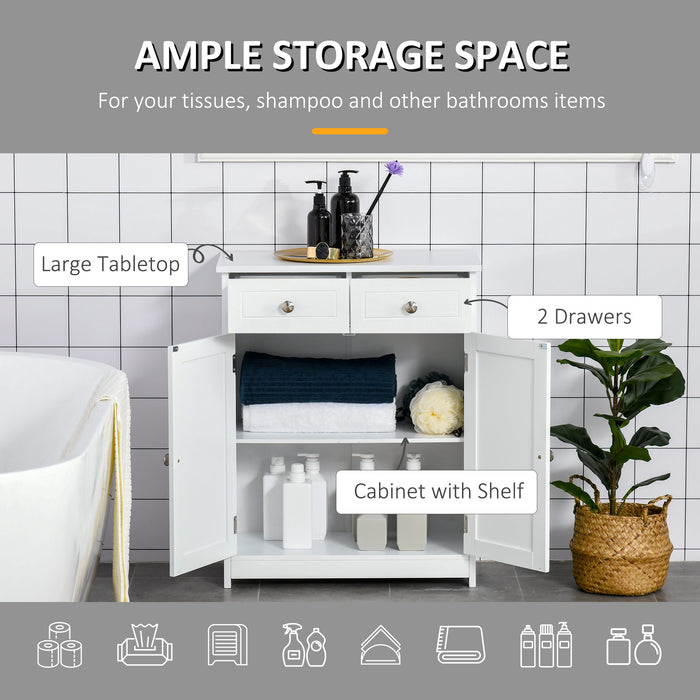 Free-Standing Bathroom Cabinet with Adjustable Shelf - 2-Drawer Storage Unit with Cupboard, Traditional Style, 75x60 cm, White - Ideal for Bathroom Organization and Space Optimization