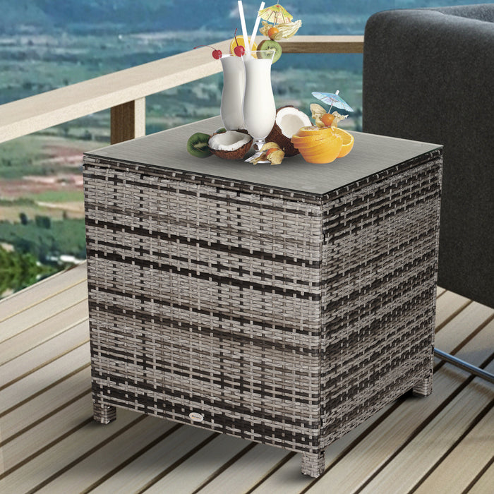 Rattan Garden Side Table with Tempered Glass Top - Durable Patio Furniture in Grey - Ideal for Outdoor Lounging and Decoration