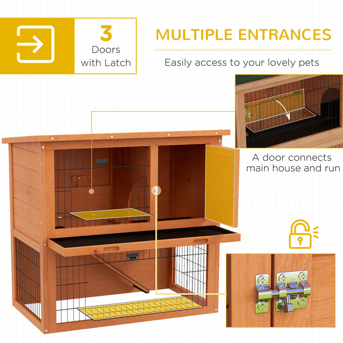 Two-Tier Antiseptic Wood Rabbit Hutch - Spacious 80cm Guinea Pig Habitat with Enclosed Run, Orange Finish - Ideal for Small Pet Safety and Comfort
