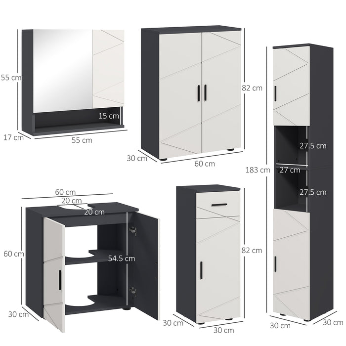 5-Piece Grey Bathroom Furniture Ensemble - Storage Cabinets with Doors, Shelves & Wall-Mounted Mirror - Space-Saving Solutions for Organized Bathrooms