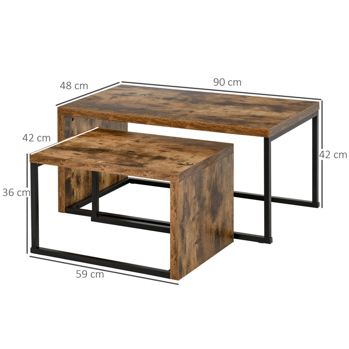 Industrial Style Coffee & Tea Table Set - 2-Piece Side Tables with Metal Frame for Home Decor - Perfect for Living Room and Bedroom, Black & Brown
