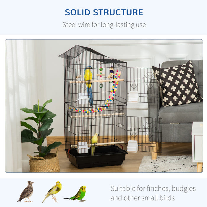 Aviary Home for Small Birds - Budgie, Finch, and Canary Cage with Perches, Toys, and Slide-Out Tray - Portable Design with Carrying Handle, 46x36x100cm, Elegant Black